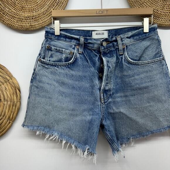 $150 AGOLDE Cut Off Button Fly Raw Edge Distressed Riley Jean Short Denim 29 - Picture 3 of 6